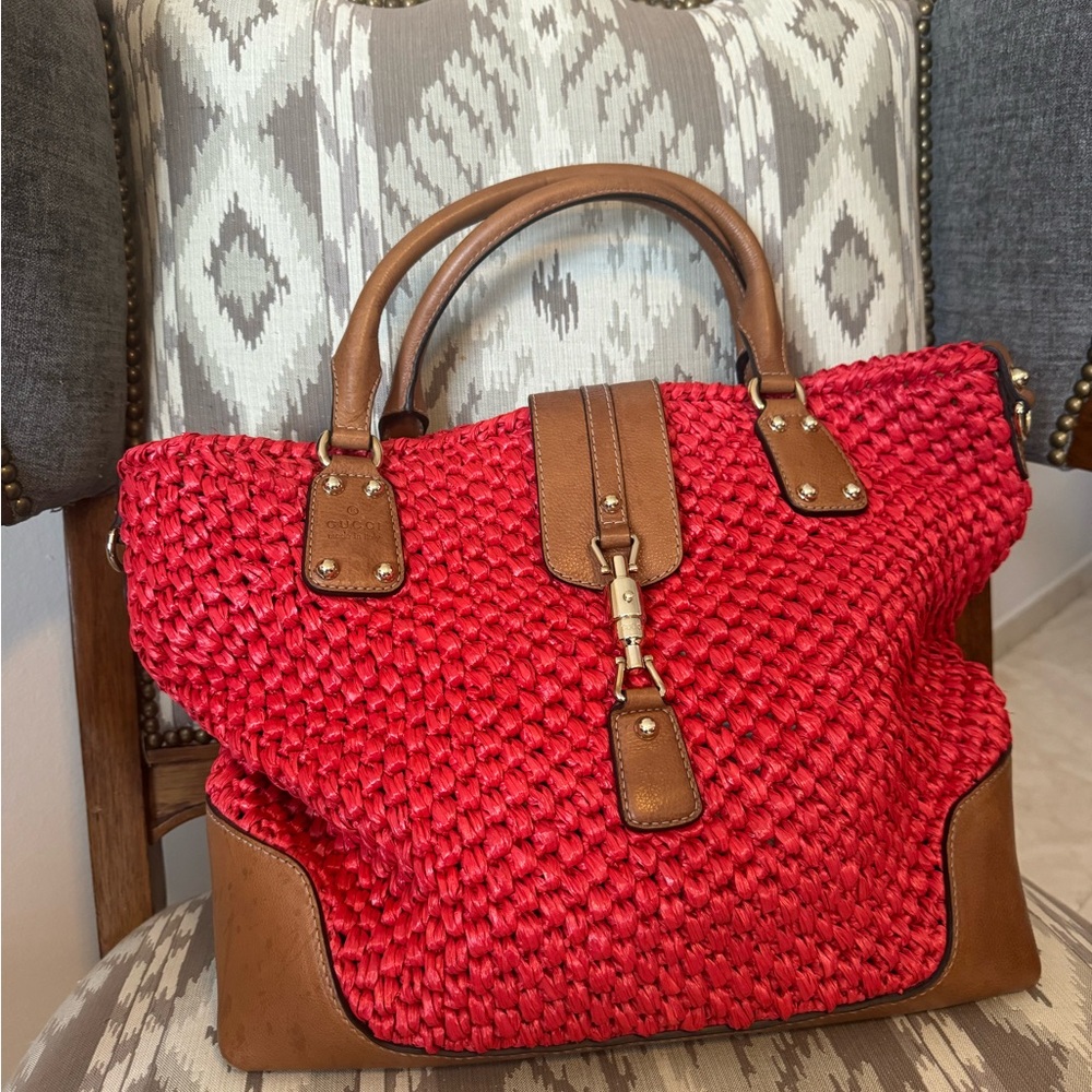 Gucci Red and Brown Leather Trim Tote